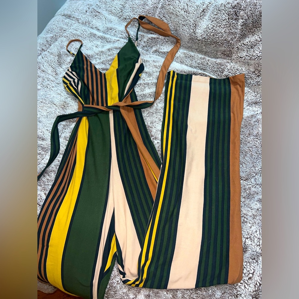 Wide leg spaghetti strap soft stretch striped tie jumpsuit